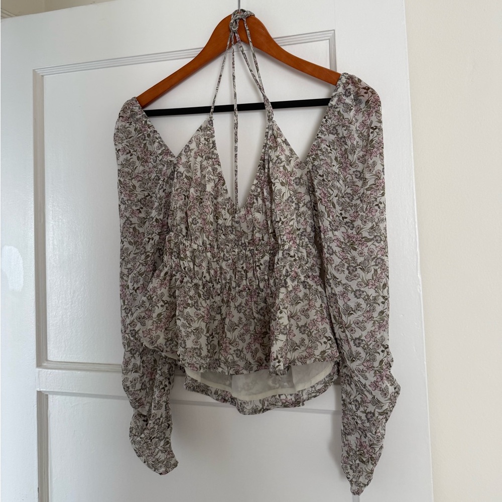 Floral Halter Tie Neck Long Sleeve Blouse - Cream/Pink